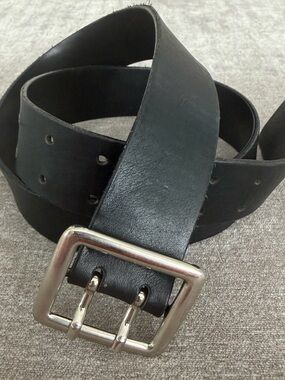 Garuglieri Black Leather Double Prong Belt Made in Italy Size XL